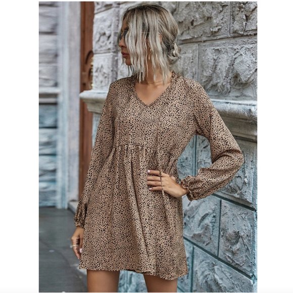 SHEIN Dalmatian Print Tie Neck Smock Dress Khaki - Picture 5 of 15